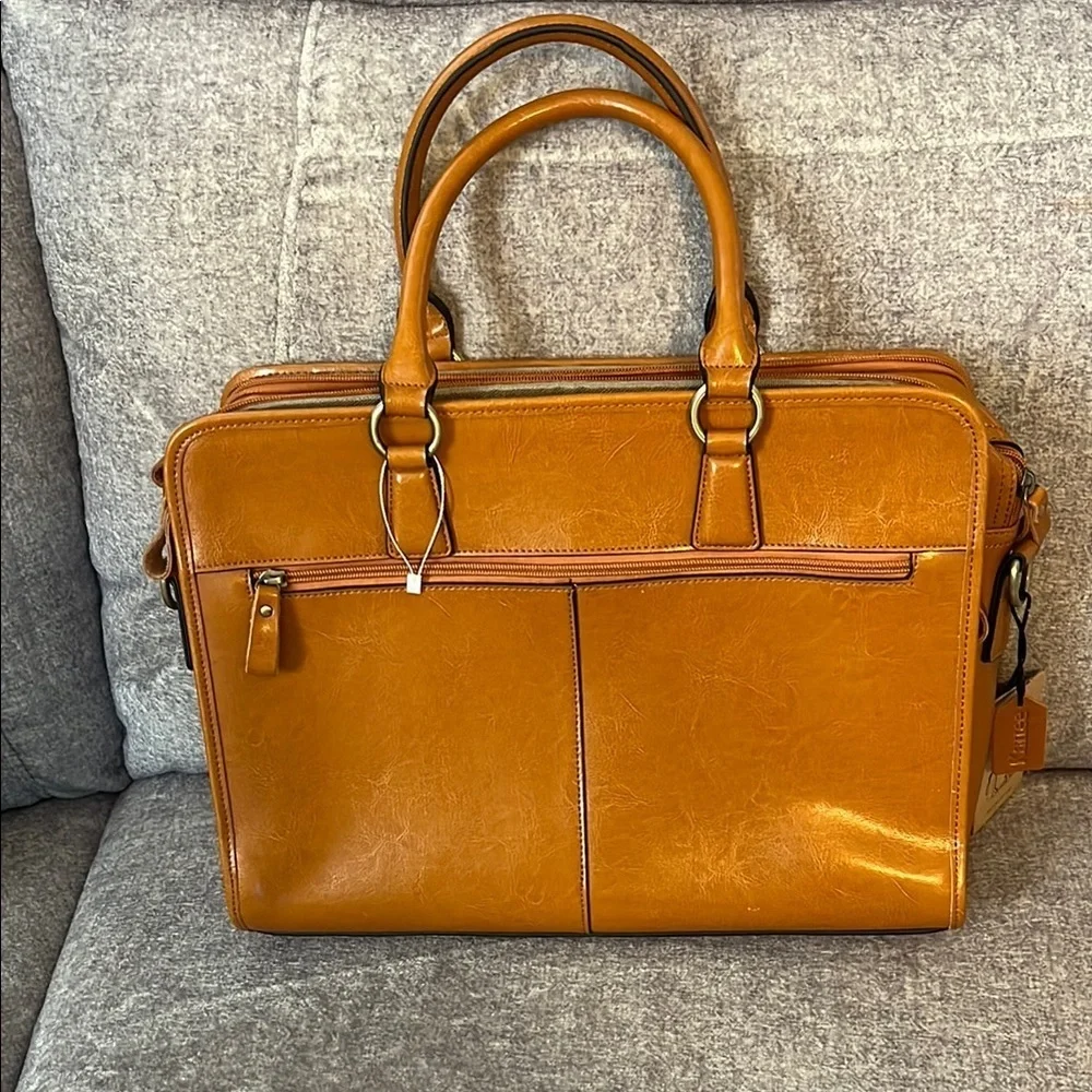 All leather laptop briefcase large shoulder strap and pockets new